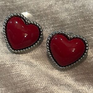 Red Glass and Silver Heart Stud Earrings with Vintage Beaded Trim 3/4”